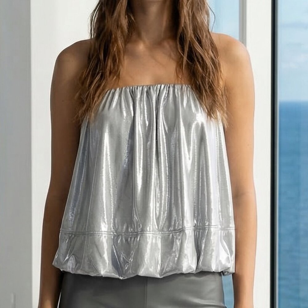 NWT ANTHROPOLOGIE Maeve Shine Strapless Bubble Top Silver M
